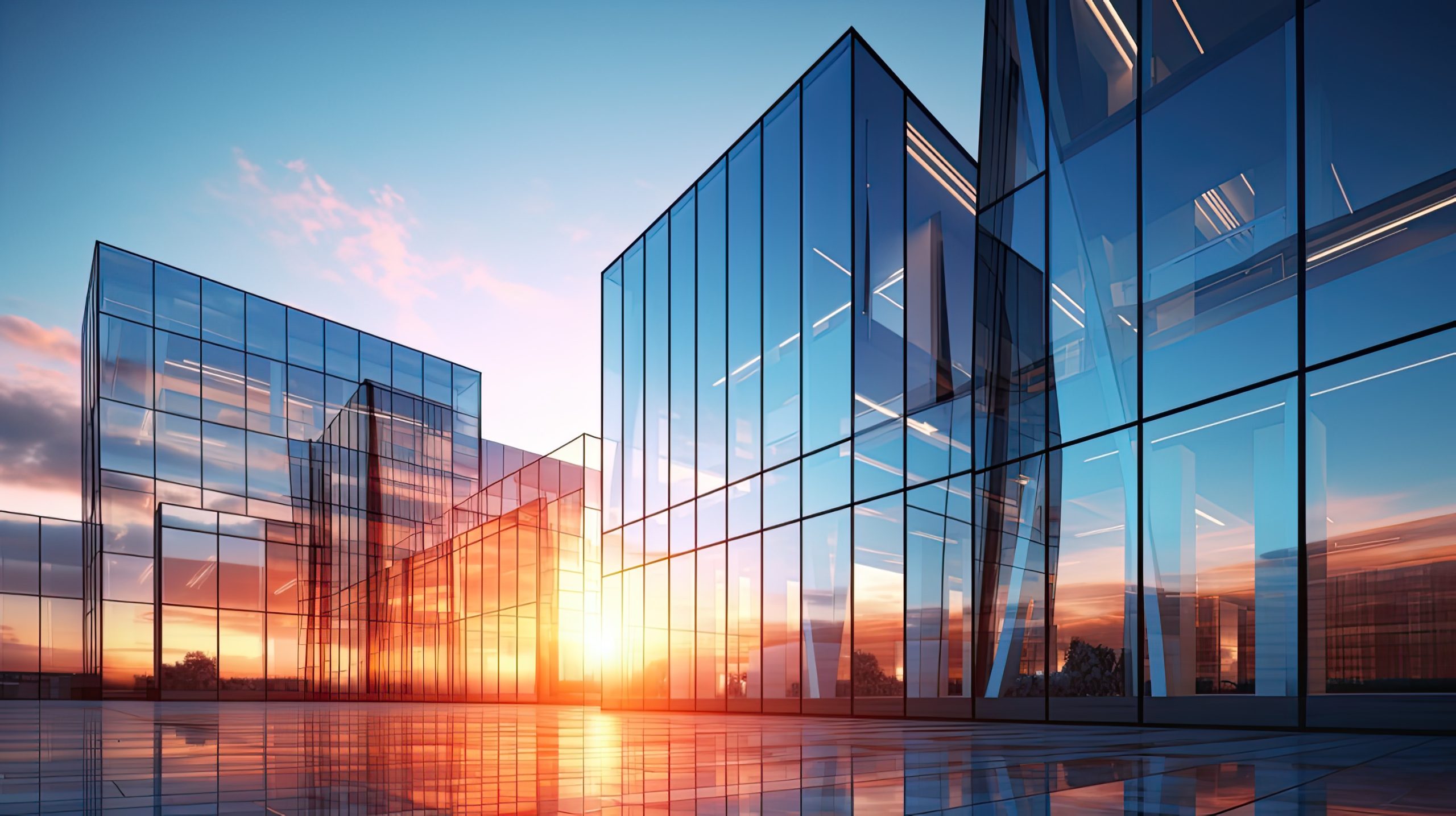 Modern office building or business center. High-rise windor buildings made of glass reflect the clouds and the sunlight. empty street outside  wall modernity civilization. growing up business